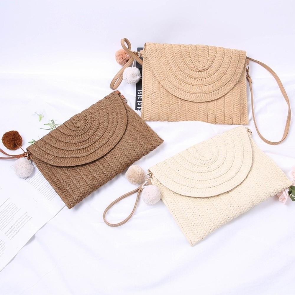 New Woven Texture Straw Crossbody Bag Hair Ball Pendant Envelope Shape Envelope Clutch White Khaki Shoulder Bag Travel Outing