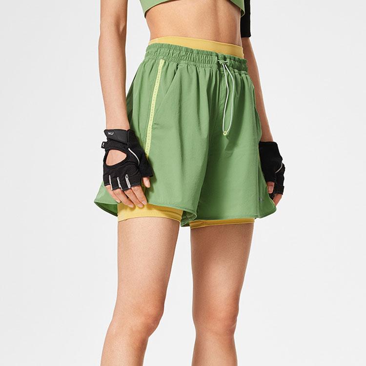 Li Ning Fitness Series Solid Color Mid Waist Comfortable Loose Straight Leg Sports Shorts Women shorts Stone-Green AKSU462-4