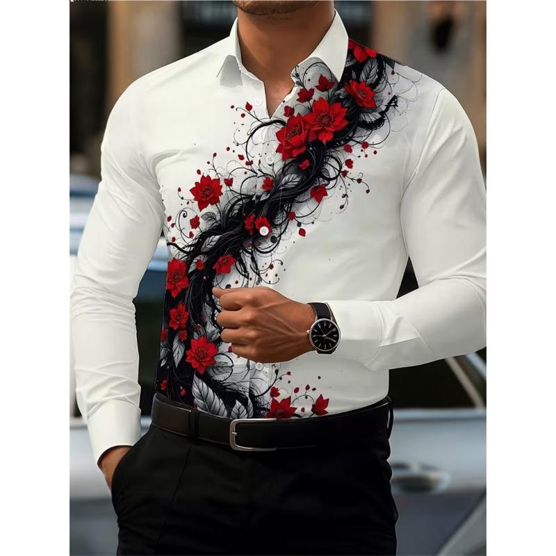 Men's Fashion Red Rose Print Long-Sleeve Shirt, Stylish Casual Design, Spring/Autumn Casual Shirt, Sizes XS-6XL