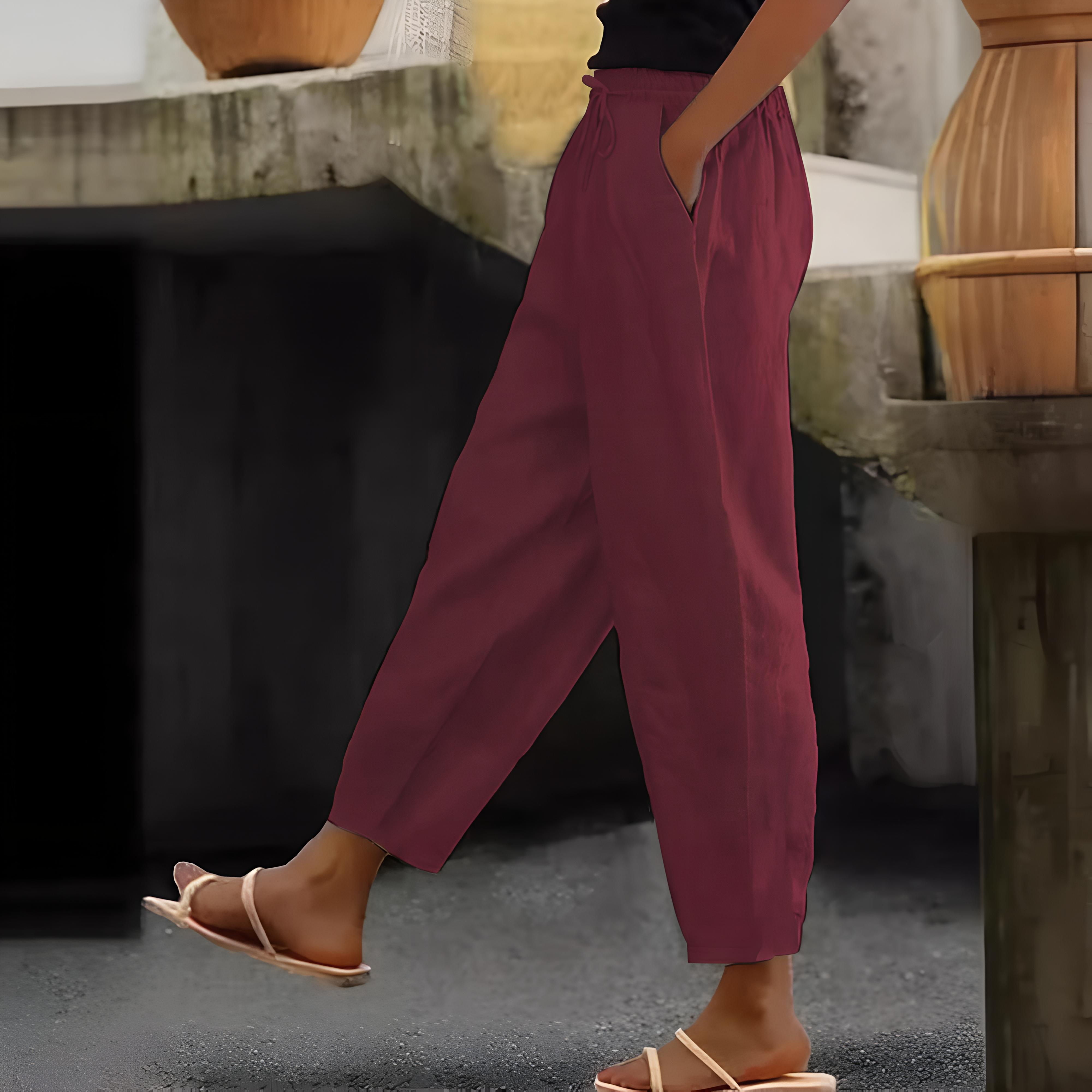 

Новые женские брюки из хлопка и льна, однотонные, модные, повседневные, с боковыми карманами, эластичные, повседневные брюки, женские брюки S красный