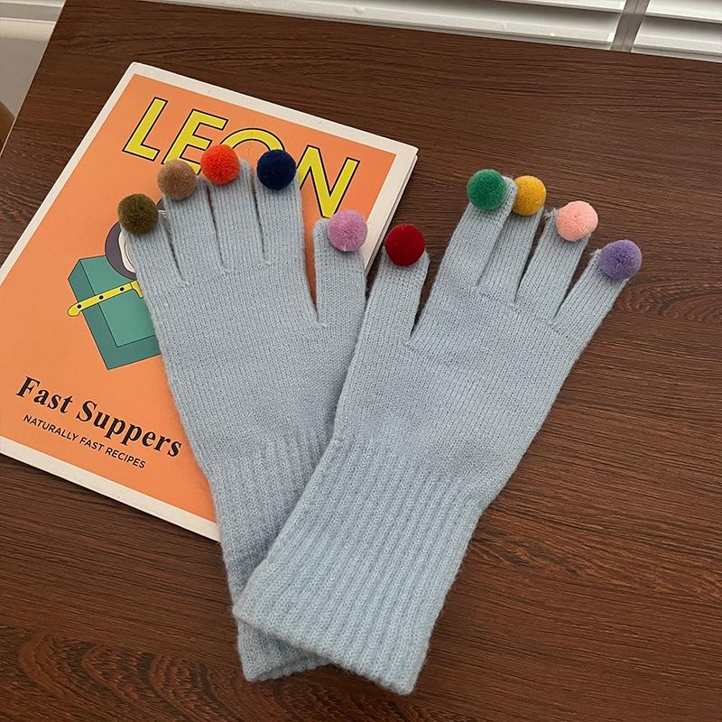 Cartoon Thermal Gloves Women Winter Thickened Cute Couple Student Cold Knitted Wool Riding Five Fingers