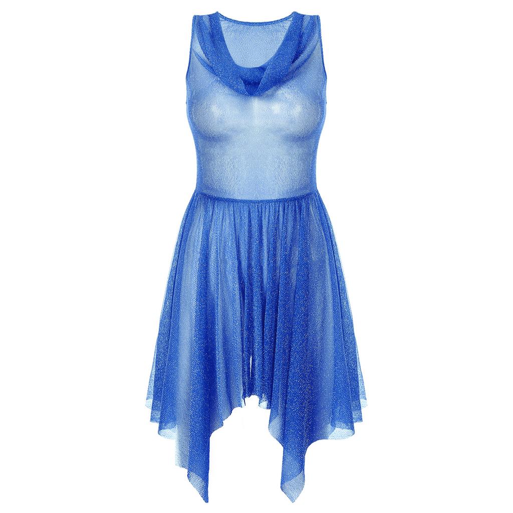 Women Glittery Draped Neck Sleeveless Dance Dress See Through Asymmetrical Hem Performance Gown