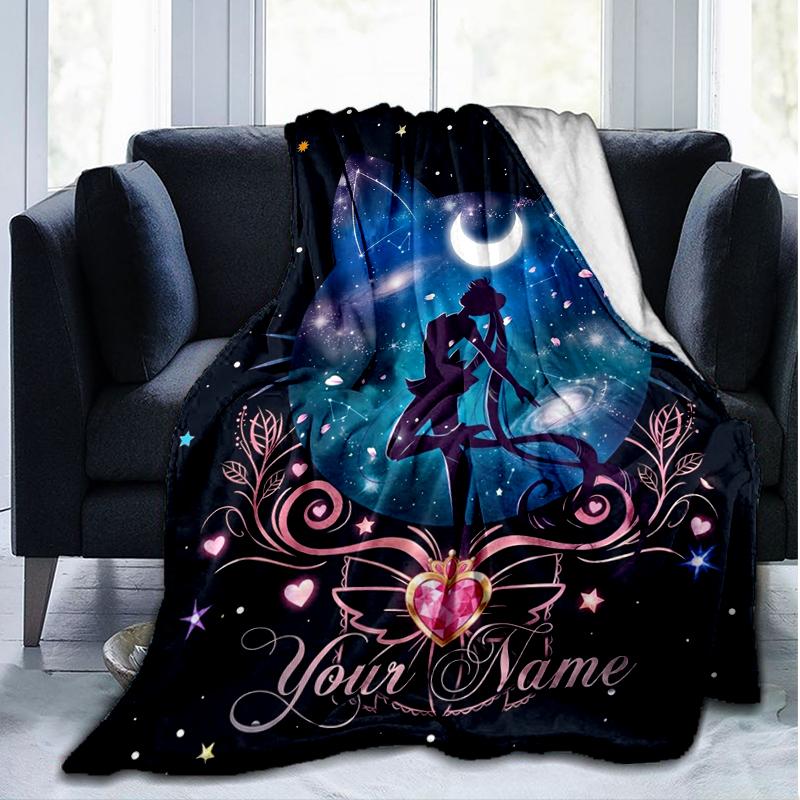 Custom Name Sailor Moon Flannel Fleece Blanket Cozy Warm Throw Blanket For Couch Bed Travel All Season Use