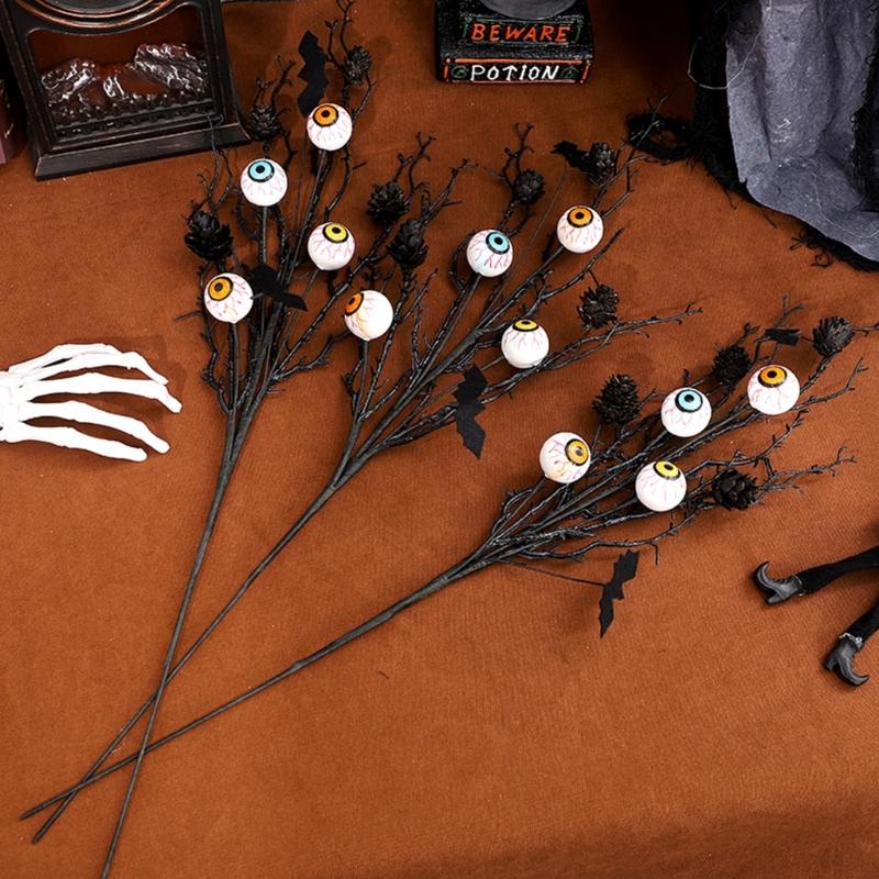 Halloween Decoration Artificial Flower Stem with Realistic Leaf Pinecones Bat Eyeballs for Halloween Table Centerpieces