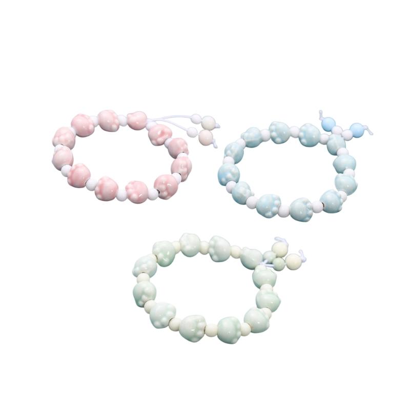 Adjustable Ceramic Bead Bangle Handmade Bracelet Cartoon Puss Paw Design Elastic Cord for Daily Fashion Accessory