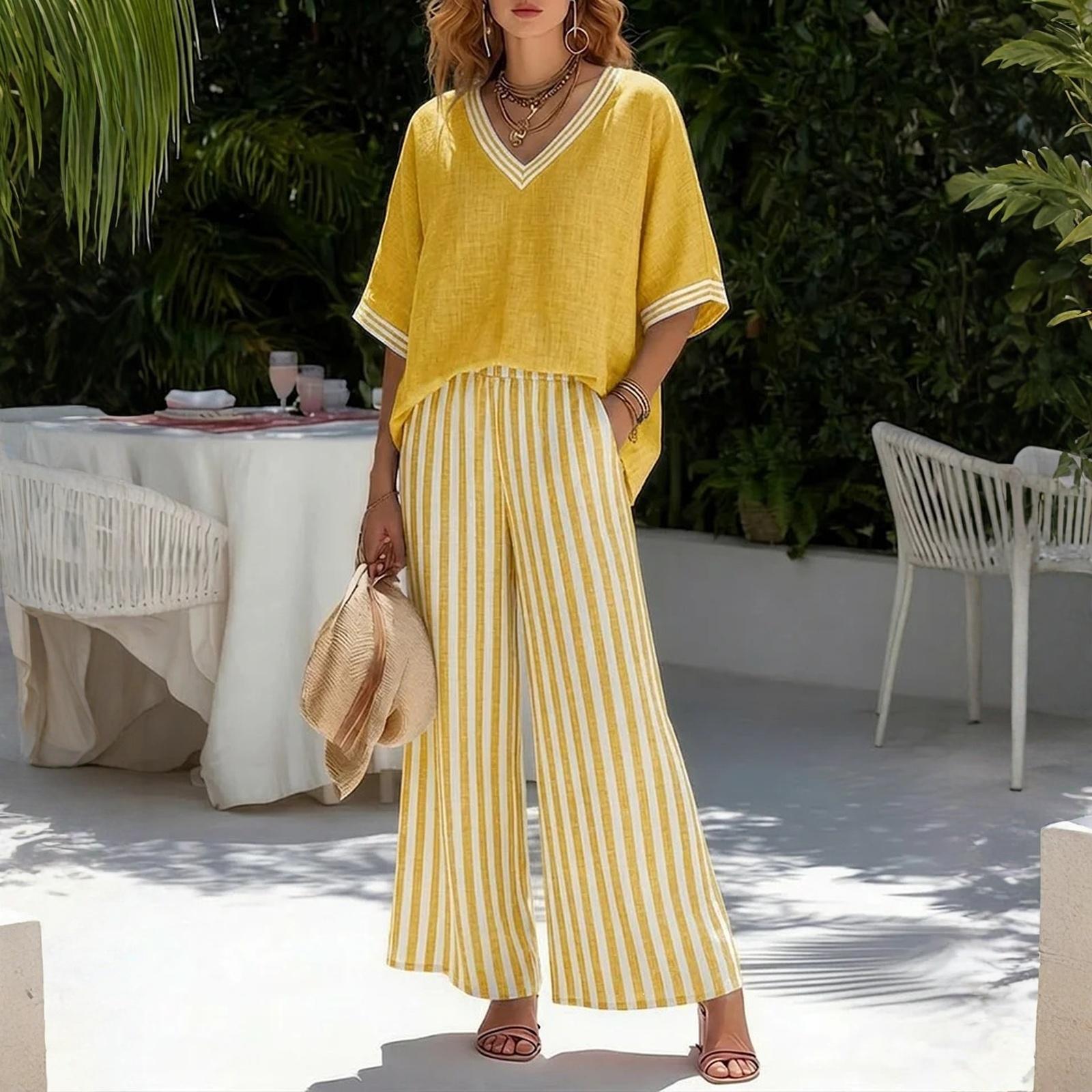 

Two Piece Sets For Women Casual Long Sleeve Shirts And Short Pants XL жовтий