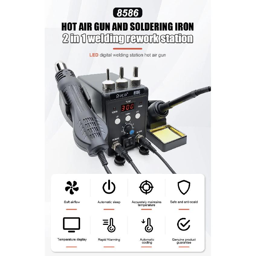 JCD 2 in 1 Soldering Station 8586 LCD Digital Display SMD Rework Hot Air Gun Soldering Iron 220V 110V ESD Welding Repair Tools