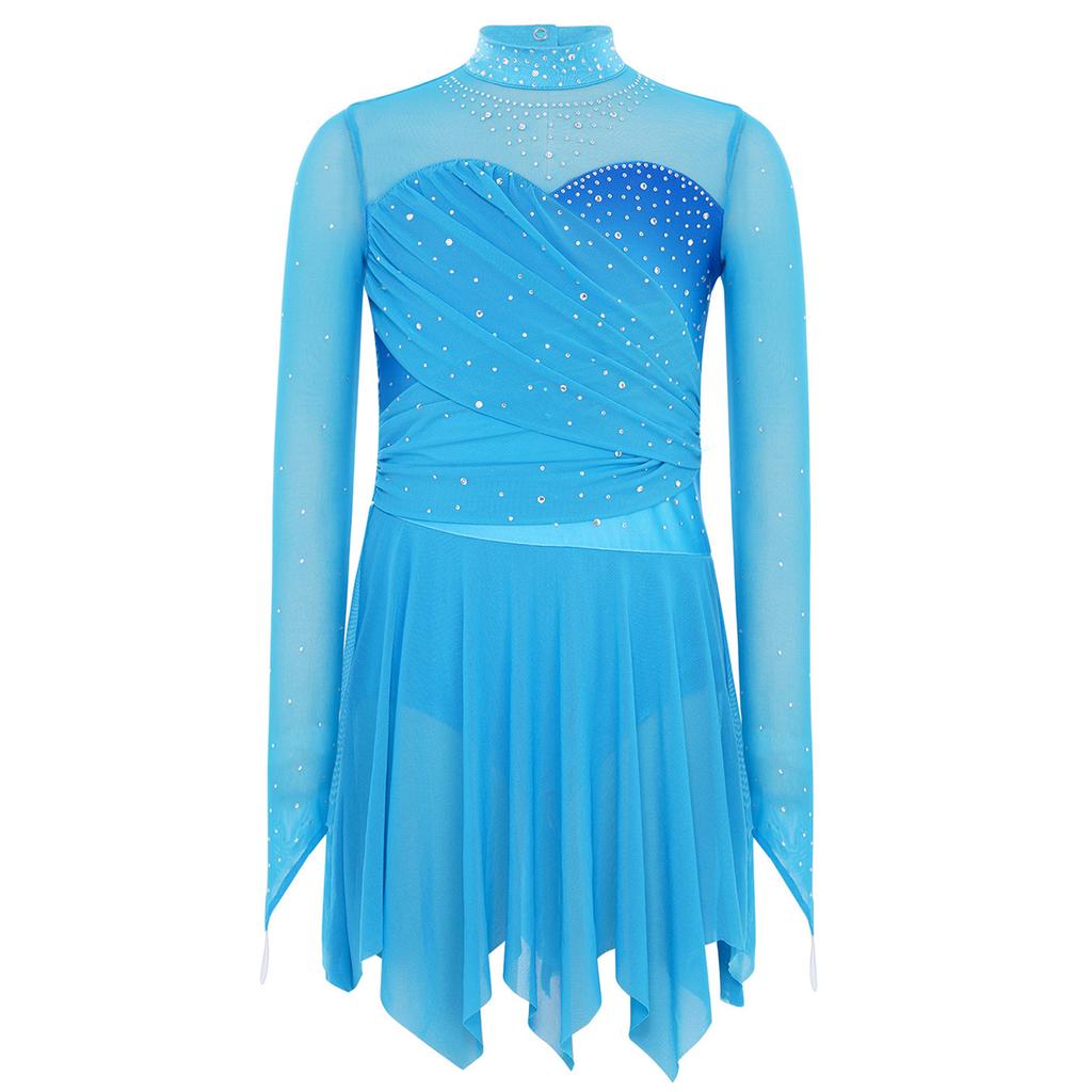 Kinder Mädchen Lyrisches Tanz Eiskunstlauf Kostüm Rollkragen Langarm Glitzernde Strasssteine Unregelmäßiger Saum Raffung Netz Kleid Tanzkleidung