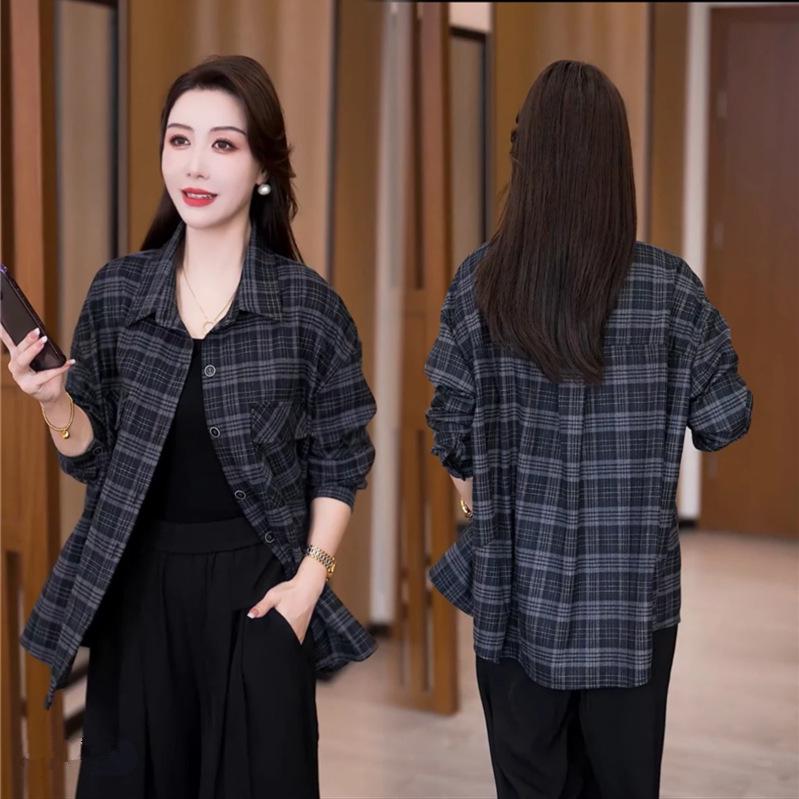 

Women s Plaid Shirt Jacket - Early Spring 2026, Plus Size, Stylish, Age-Reducing, Loose & Slimming Top L (105-120 jin)