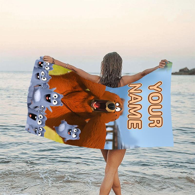1pc Grizzy Bear Beach Towel with Custom Name, Beach/Swimming/Bath/Picnic/Camping Towel, Suitable for Seaside Beaches