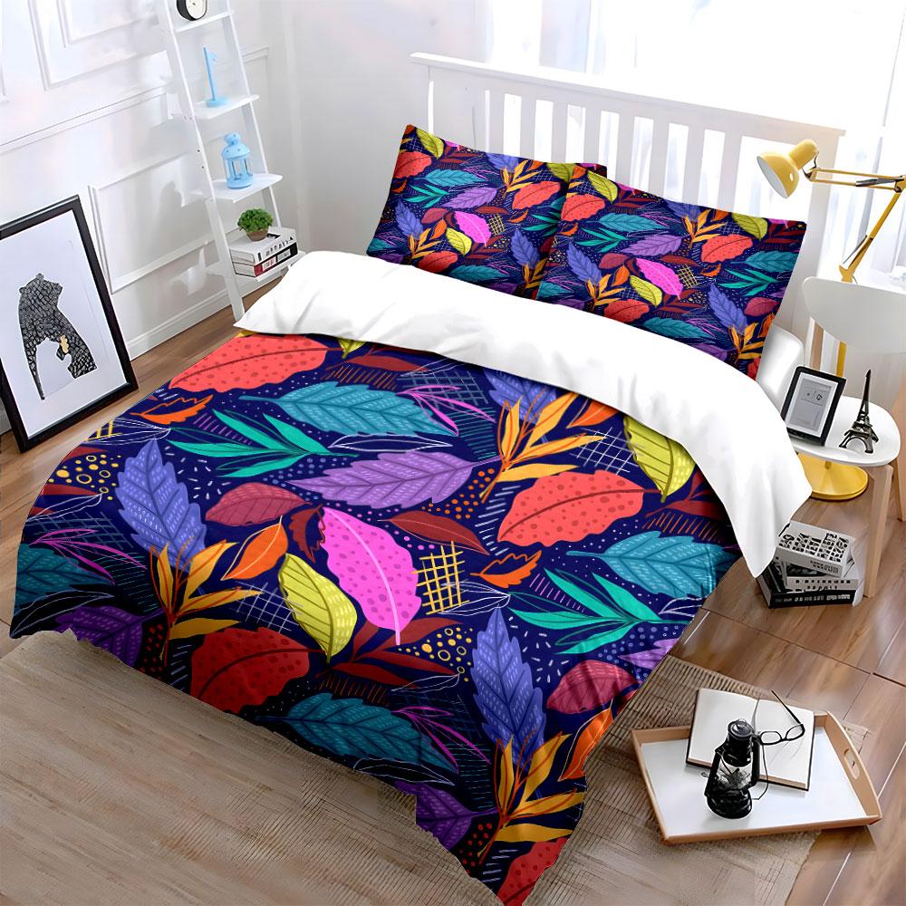 Colorful Tropical Leaves Background Print Bedding Set 1 Duvet Cover 2 Pillowcases for Adult and Children Luxury Gift Full Size