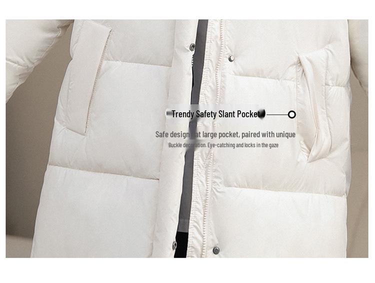 Damen Daunenmantel im koreanischen Stil mit Farbblockdesign und Kapuze - Mittellang, Überknie, Locker, Dick, Kältefest Winteroberbekleidung