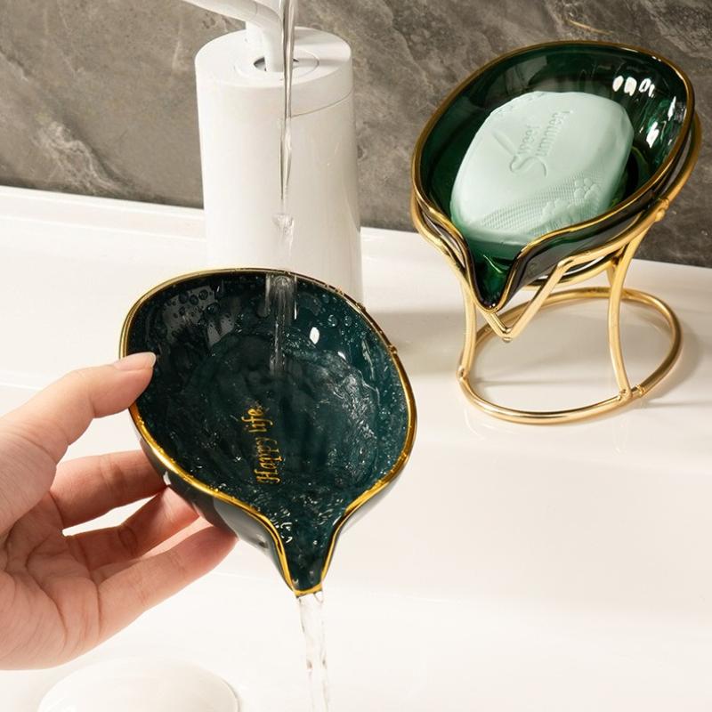 Soap Dish Box Bathroom Shower Soap Holder with Metal Bracket Drain Portable Leaf Shape Toilet Laundry Soap Rack Tray for Basin