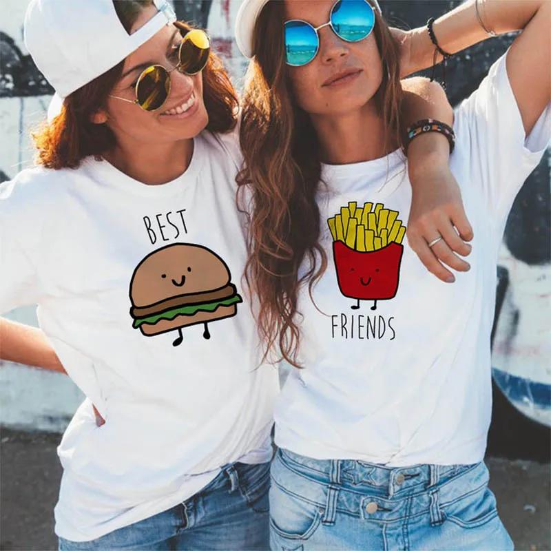 Funny Design Best Friend Matching TShirt BFF T Shirt Women Fast Food Tee Shirt for Femme Tops Tees Hamburger and Fries