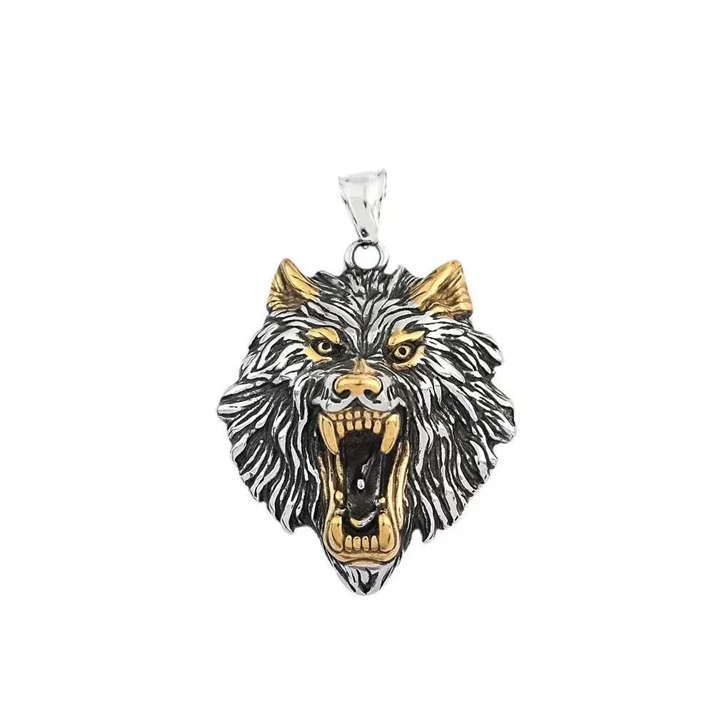 Punk Viking Wolf Head Pendant Necklace Gold Color Stainless Steel Odin Wolf Necklace Norse Mythology Jewelry Gifts Accessories