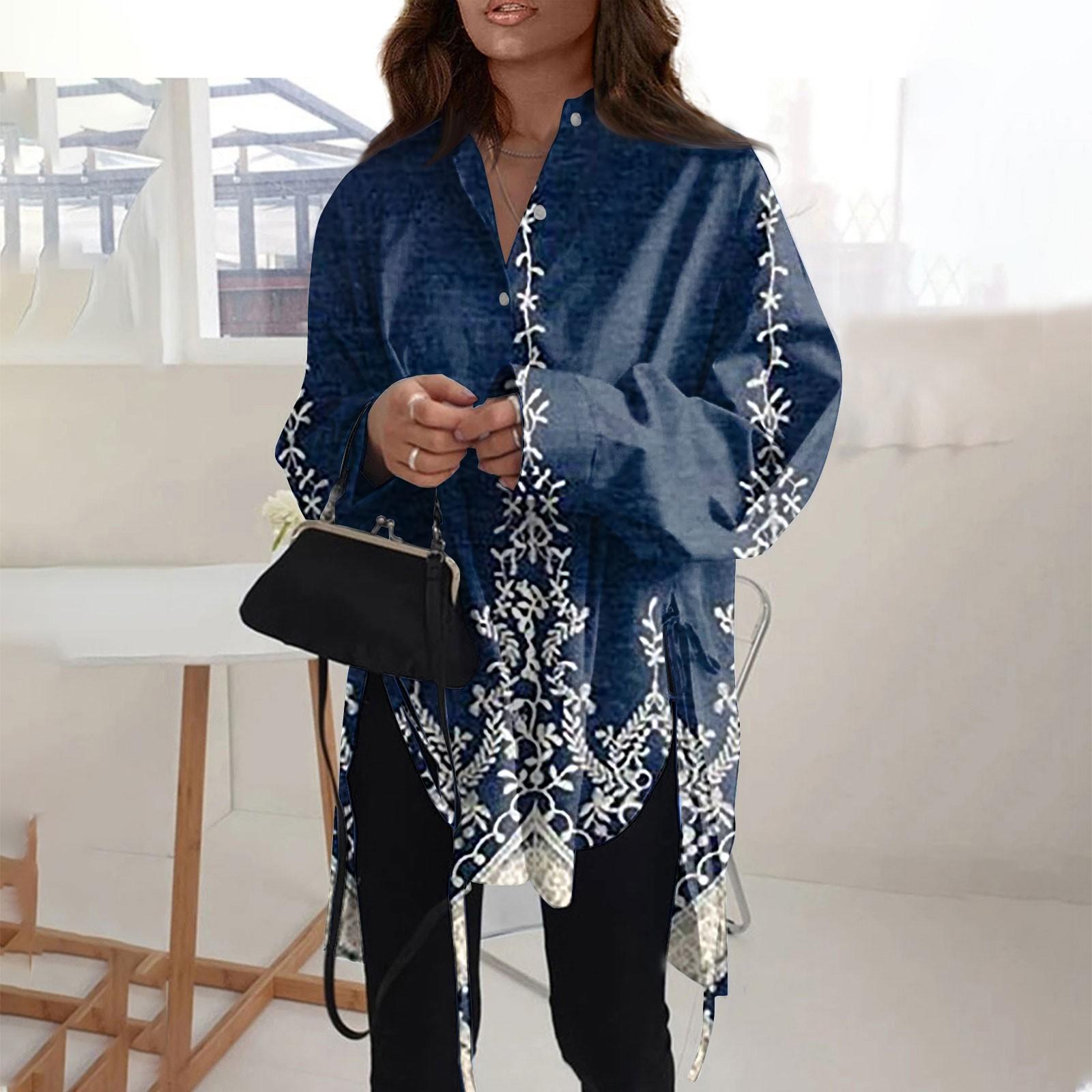 

Модная повседневная однотонная рубашка с длинными рукавами и лацканами свободного типа для женщин XXXXXL тёмно-синий