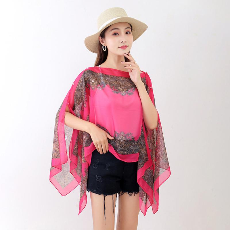 Beach Sun Protection Shawl  Women Clothes Summer Beach Bikini Cover Up Loose Chiffon Blouse Shawl Scarf With Buttons