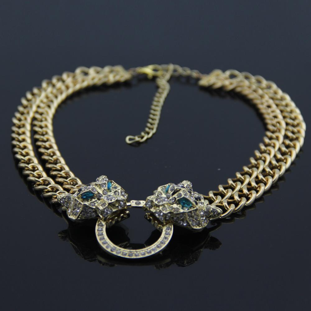 Colier de modă europeană și americană, cu cap de leopard, colier cu pandantiv cu diamante, pentru damă, lanț scurt de claviculă