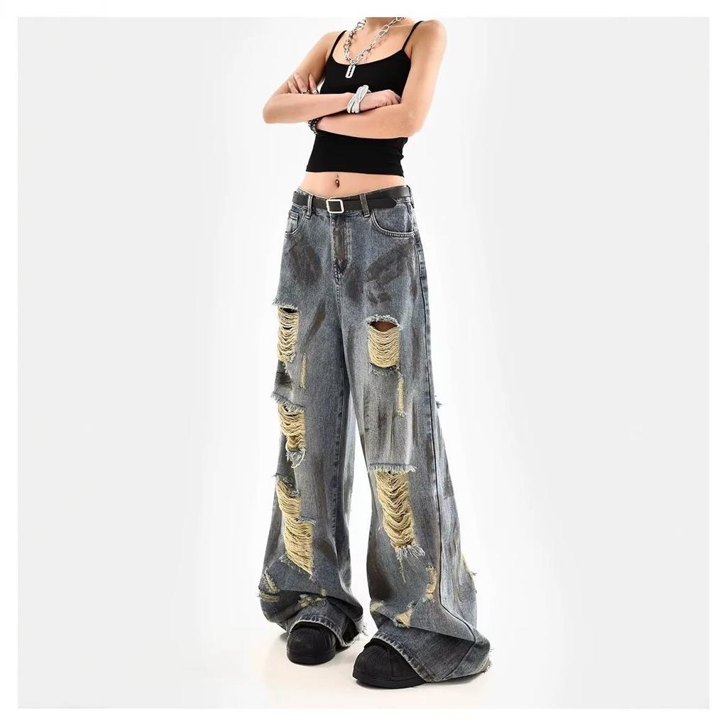 Summer thin retro old graffiti ripped jeans men and women design sense loose dirty wide leg pants trousers tide