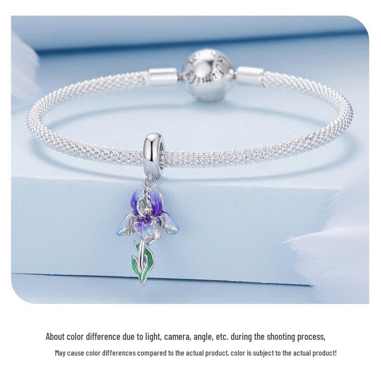 Silver Iris Gradient Oil Drip Pendant & S925 Sterling Flower Bracelet Beads
