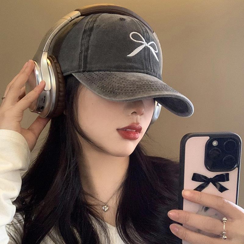 Sweet Bow Embroidery Baseball Cap For Women Y2K Pink Korean Washed Cotton Peaked Hat Summer Outdoor Snapback Ponytail Sun Hats