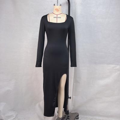 Women's Autumn New Style Square Collar Long Sleeve Solid Color Slit Sexy Slim Dress
