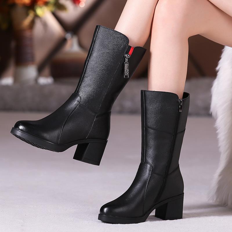 Fashion GKTINOO Women Mid-Calf Boots Winter Warm Side Zipper High Heel Booties Genuine Leather Platform Mother Shoes Female Footwear