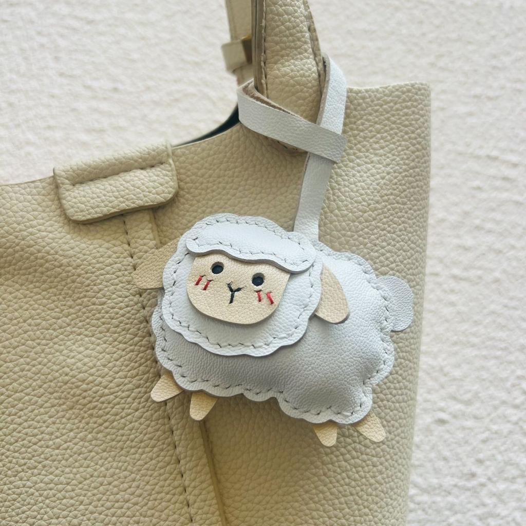 Cute Genuine Leather Keychain for Car, Small Charm In the Shape of a White Lamb Handmade