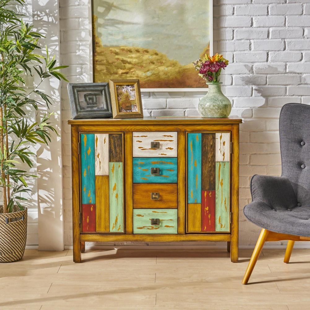 Vintage Sideboard Cabinet Coffee Bar Buffet Table With 4 Drawers And 2 Doors Wood Legs Supports Distressed Floor Storage Cabinet