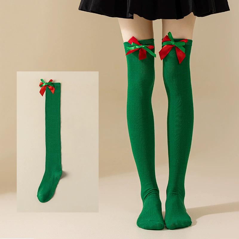 Women with Bow Accent for Women Girls Christmas Socks Knee-High Over-the-Knee Elegant Red & Green Striped Long Socks