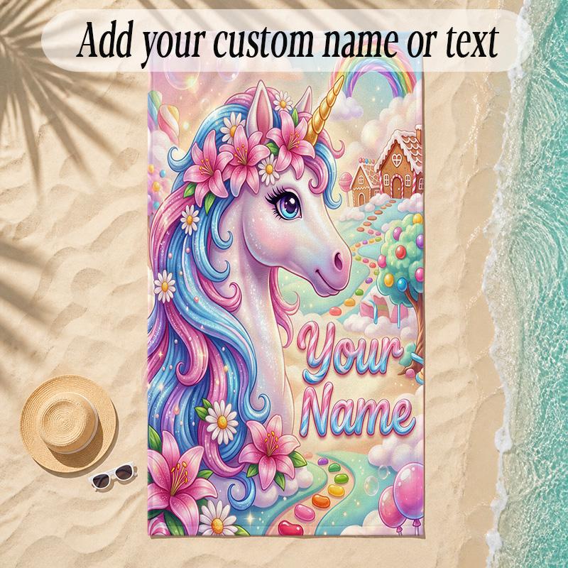 Unicorn Theme Soft Beach Towel Personalized Custom Name Text Towel Portable for Beach Pool Travel