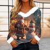 Top casual alla moda da donna a maniche lunghe con stampa natalizia e colletto in flanella