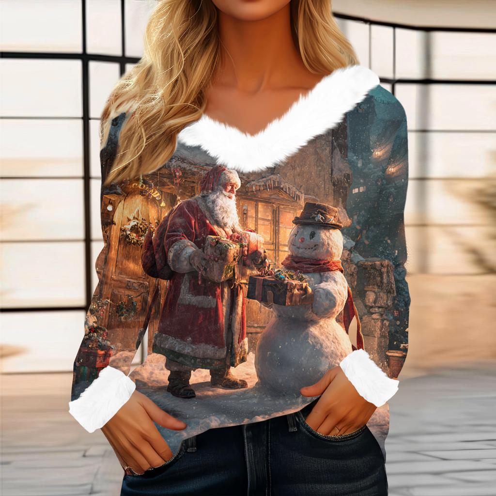 Top casual alla moda da donna a maniche lunghe con stampa natalizia e colletto in flanella