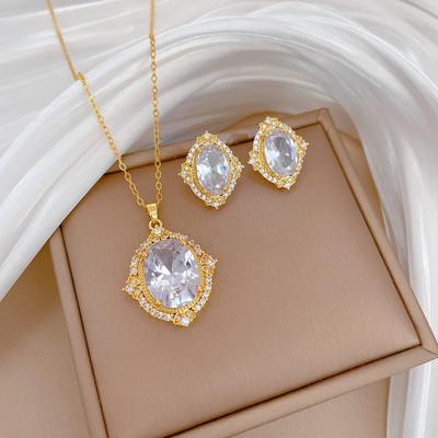 Necklace Earrings Set Light Luxury Heavy Industry Oval Full Diamond Personality Temperament Banquet Earrings Item Group