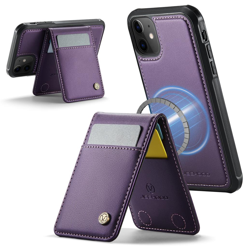 For iPhone 11 Leather Back Cover Compatible with MagSafe JEEHOOD J06 Phone Case with Card Bag RFID Blocking