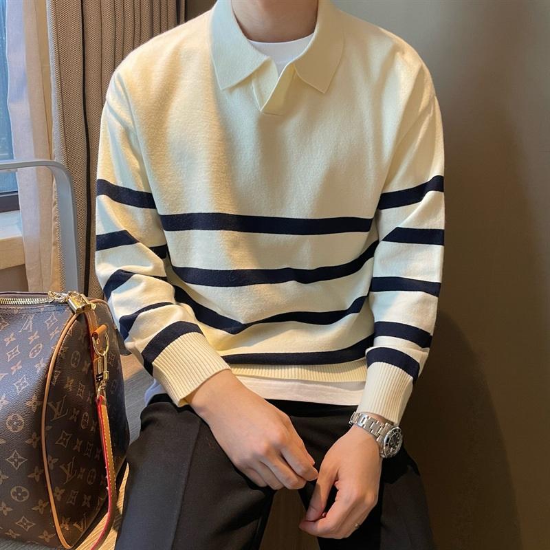 Striped Polo Collar Knitted Sweater For Men's Autumn And Winter Loose Casual Sweater Business Commuting Top
