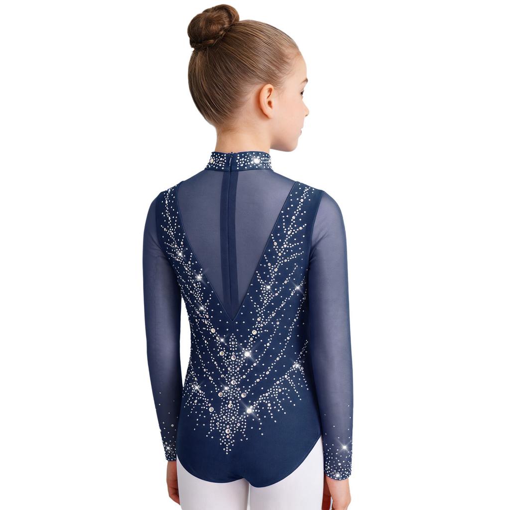 Dívčí trikot s rolákem a dlouhým rukávem, síťované díly, třpytivé kamínky, skrytý zip na zádech, gymnastický body