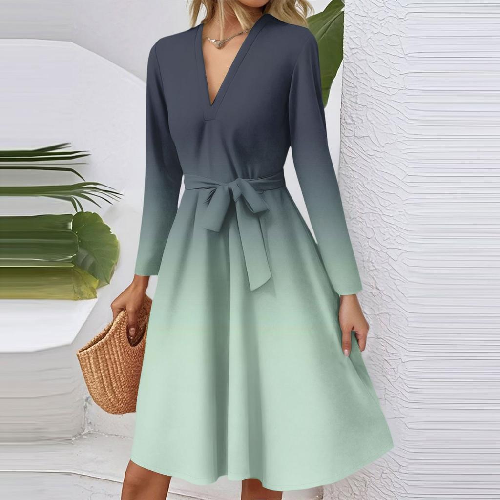 Women's Fashion Casual V-Neck Long Sleeve Waist Gradient Printed Midi Dress