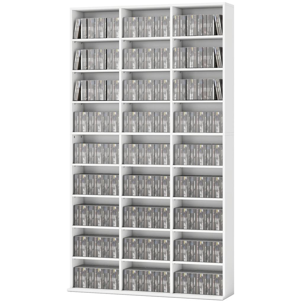 835 CD/500 DVD Storage Unit, Blu-ray Media Storage Shelf with 27 Compartments and 21 Adjustable Shelves, White