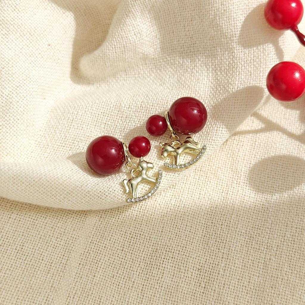 Year of the Horse 925 Sterling Silver Diamond Enamel Stud Earrings with Pearls - Retro High-End Design