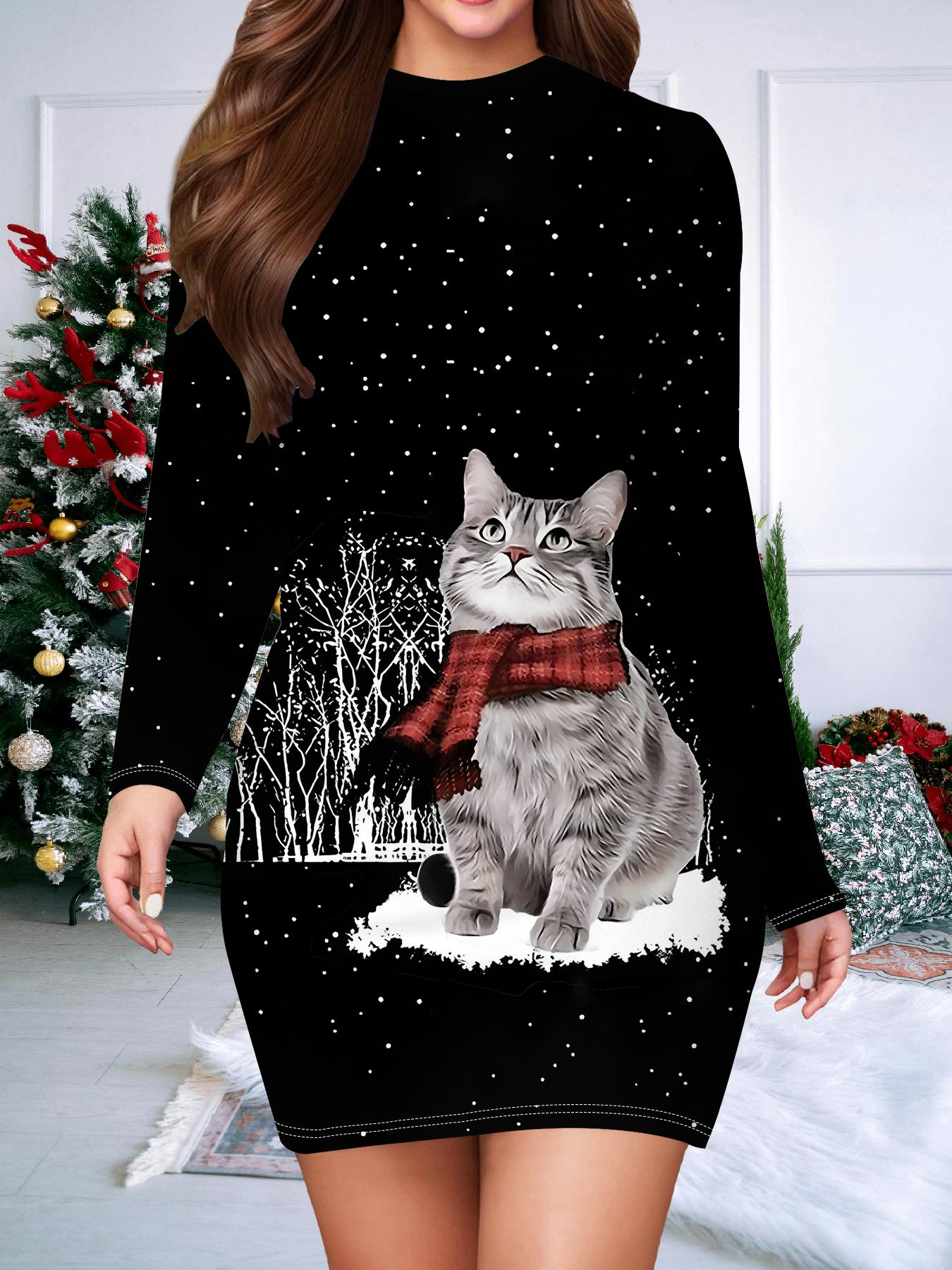 

2025 Осень и Зима Новое Женское Платье в Облипку, 3D Рождественская Печать и Крашение Женская Мода Длинный Рукав Круглый Вырез Сексуальное Платье в Облипку XXL чёрный