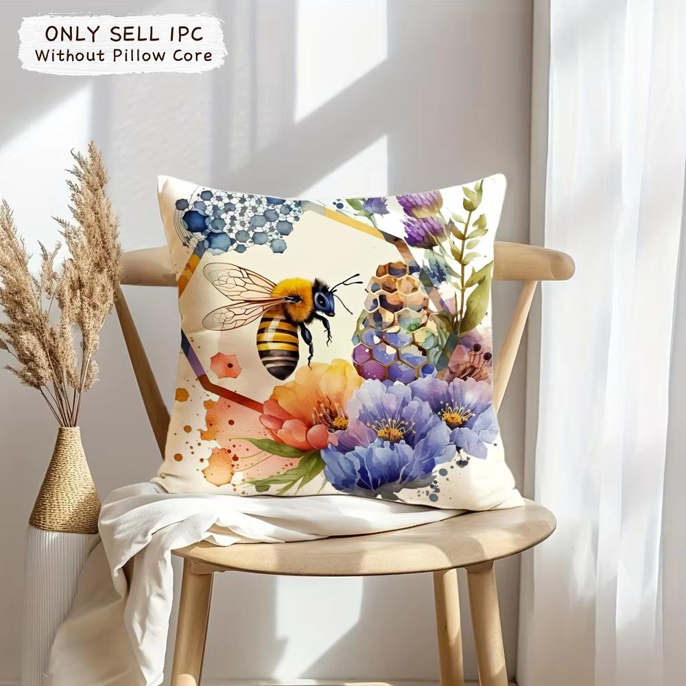 Bee And Flowers Cushion Cover Soft Plush Fabric Double-Sided Printed Sofa Cushion Cover For All Seasons Home Decor Gift