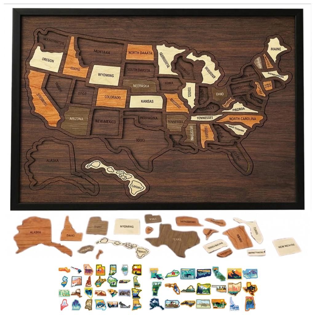 New Wooden USA Maps Puzzle Reusable Landmarks Cork Travel Map Multi-Purpose Portable Wooden Puzzle for Home Decor Remarks