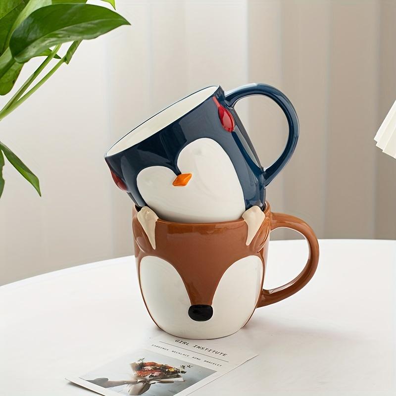 Handcrafted Animal Print Mugs: 15Oz/450Ml Ceramic Fox And Penguin Mugs, Microwave And Dishwasher Safe, Perfect for Coffee, Tea, And More