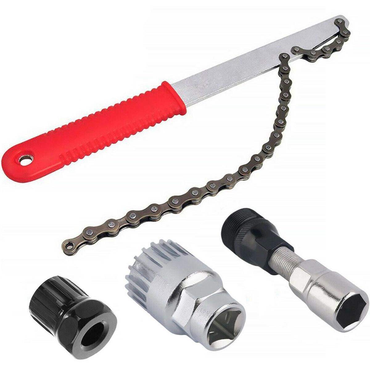 4Pcs Bike Chain Whip Tool Kit Mountain Bike Cassette Lockring Removal Tool with Sprocket Puller Bottom Bracket Nut Crank Puller
