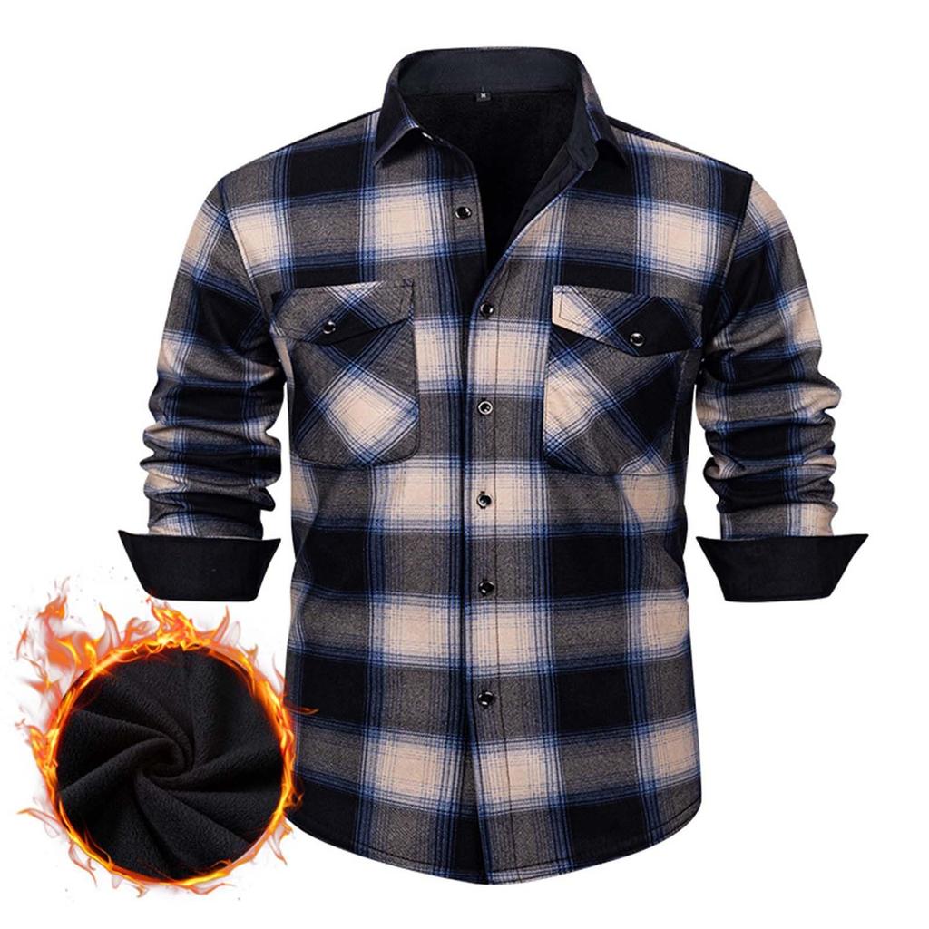 Men's Casual And Trendy Checked Button Cardigan, Men's Lapel Long-sleeved Inner Fleece Warm Coat