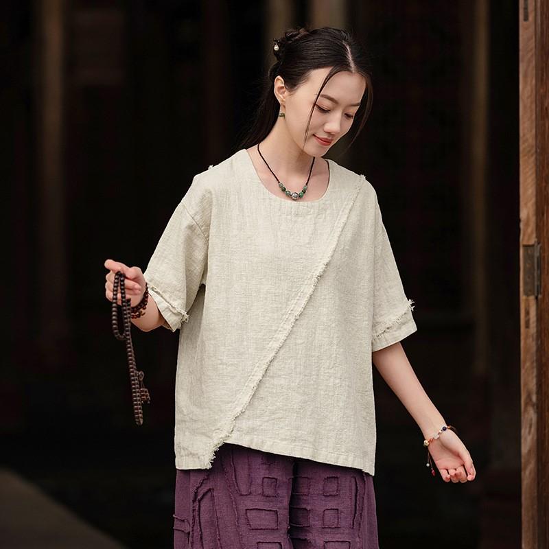 Johnature Women Vintage T-Shirts Patchwork Solid Color Summer O-Neck Short Sleeve Loose T-Shirts