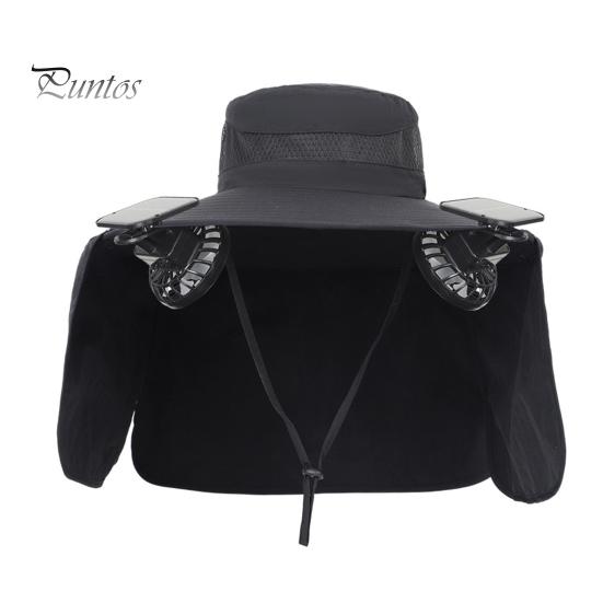 Solar Fan Hat with Neck Flap UPF 50+ UV Protection Hat with 2 Solar Fans Breathable Men Summer Outdoor Activities Fishing Wide Brim Bucket Cap