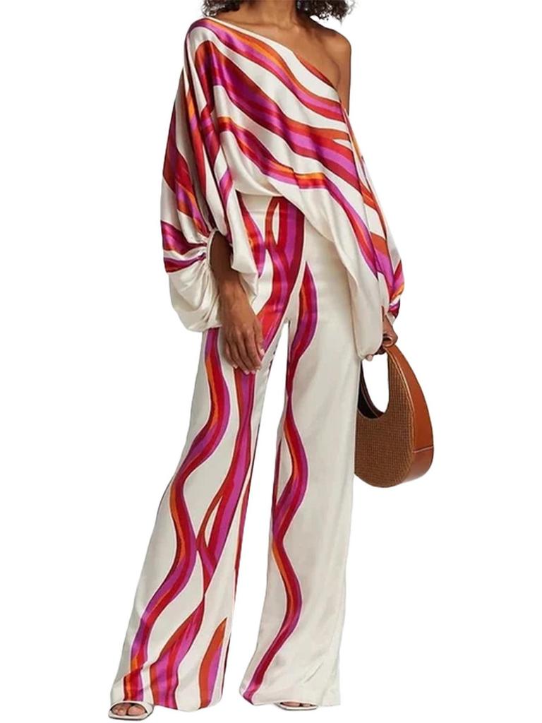 D9713 Women's Casual Satin Print One-Shoulder Top & Long Pants Two-Piece Set