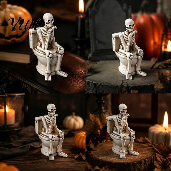 Creative Holiday Gift Skeleton On Toilet Figurine, Funny Gothic Bathroom Statue, Spooky Room Accessories Halloween Resin Ornament for Home Office